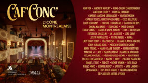 Elegant theatre stage interior with gold typography on a burgundy panel listing names; Marriott Montreal logo bottom left.