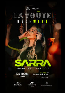 Promotional poster for La Voute Race Week with a female DJ adjusting headphones; 'Sarra' in neon green and event details visible.