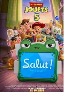 Affiche de Histoire de jouets 5 avec Woody et Buzz dans un univers opposant jouets classiques et technologie.