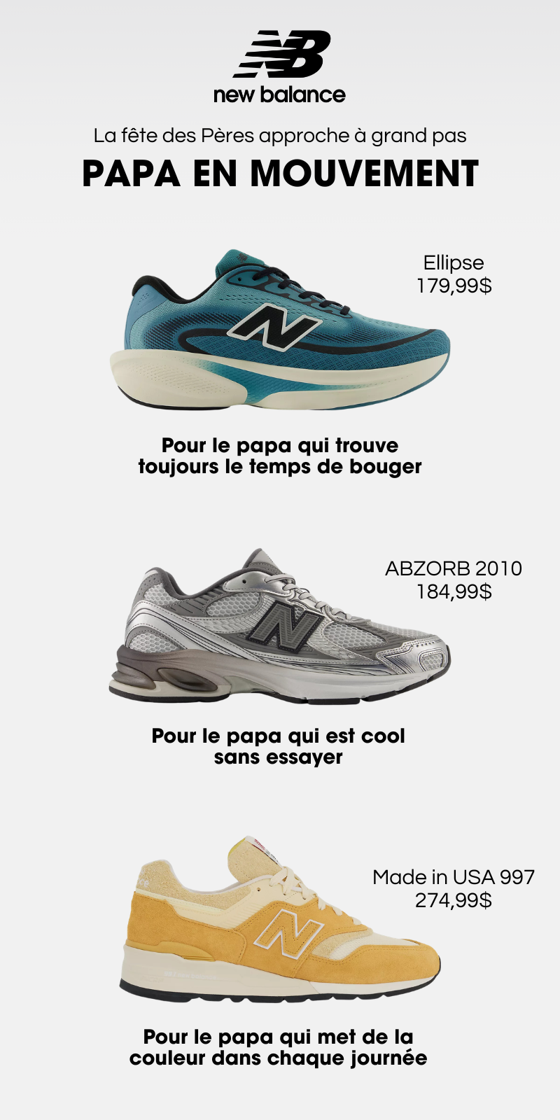 Trois modèles de chaussures New Balance pour la fête des pères, incluant la Ellipse bleue, la ABZORB 2010 grise et la Made in USA 997 jaune.