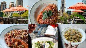 Vue de la terrasse et assiette de pâtes italiennes de la Trattoria Dell'Arte à l'Espace St-Denis