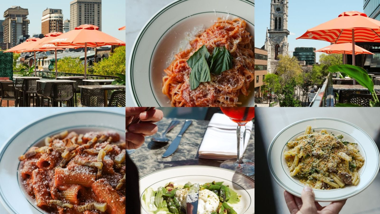 Vue de la terrasse et assiette de pâtes italiennes de la Trattoria Dell'Arte à l'Espace St-Denis