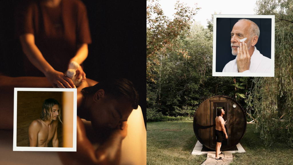 Collage: a person gives a massage in dim light; a polaroid shows a nude man; outdoors a man exits a round sauna; a framed portrait shows an older man applying cream to his face.
