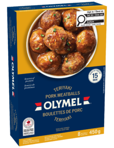 Box of Olympel Teriyaki Pork Meatballs packaging featuring a bowl of meatballs in sauce with a bold yellow and blue design; includes 8 meatballs and 450 g claim on the front.