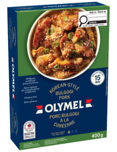 Box of OLY MEL Korean-Style Bulgogi Pork, 400 g, frozen ready-in-15-min meal; image shows glossy pork pieces with sesame and green onions in sauce.