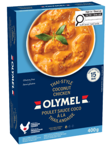 Box of OLYMEL Thai-style coconut chicken sauce mix, blue packaging with image of creamy chicken dish on front.