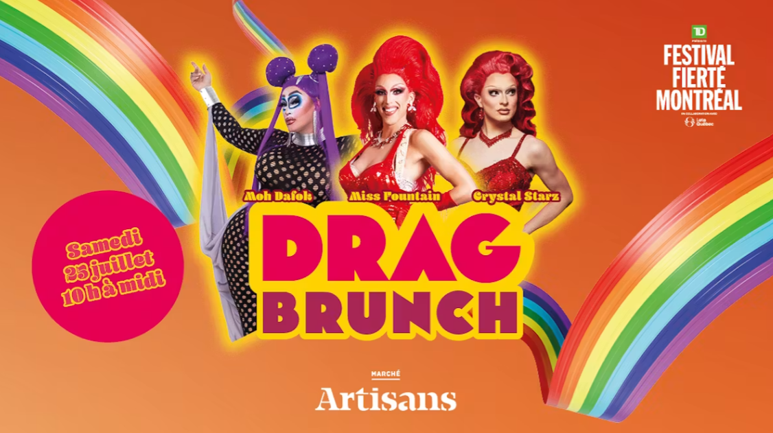 Bright orange poster advertising a DRAG BRUNCH with three drag performers in bold costumes, large pink and yellow DRAG BRUNCH lettering, and rainbow arcs framing the scene; event date text visible on a pink circle on the left.