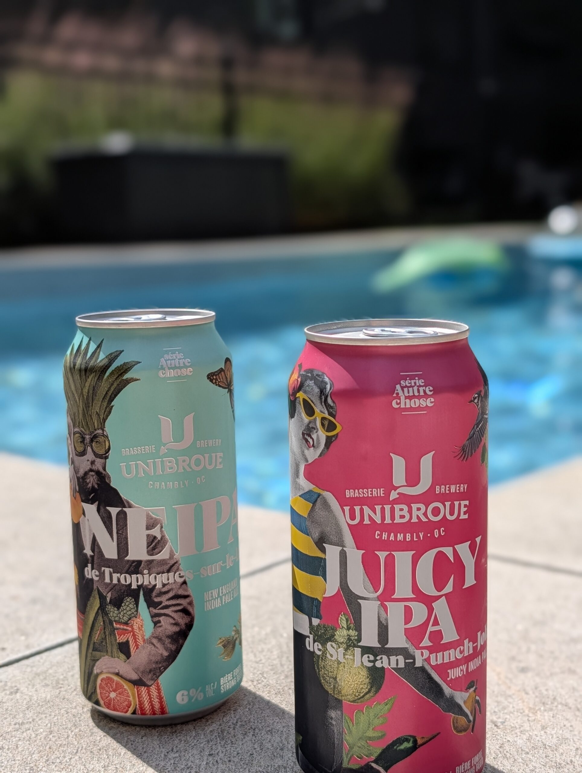 Unibroue - Canettes colorées et verres de bière Juicy IPA et NEIPA de la Série Autre Chose d'Unibroue