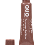 Brown-pink lip gloss tube with its cap removed, cap resting beside the tube.