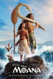 Moana and Maui stand on rocks in the ocean with Maui’s hooked weapon, a poster for Disney's Moana.