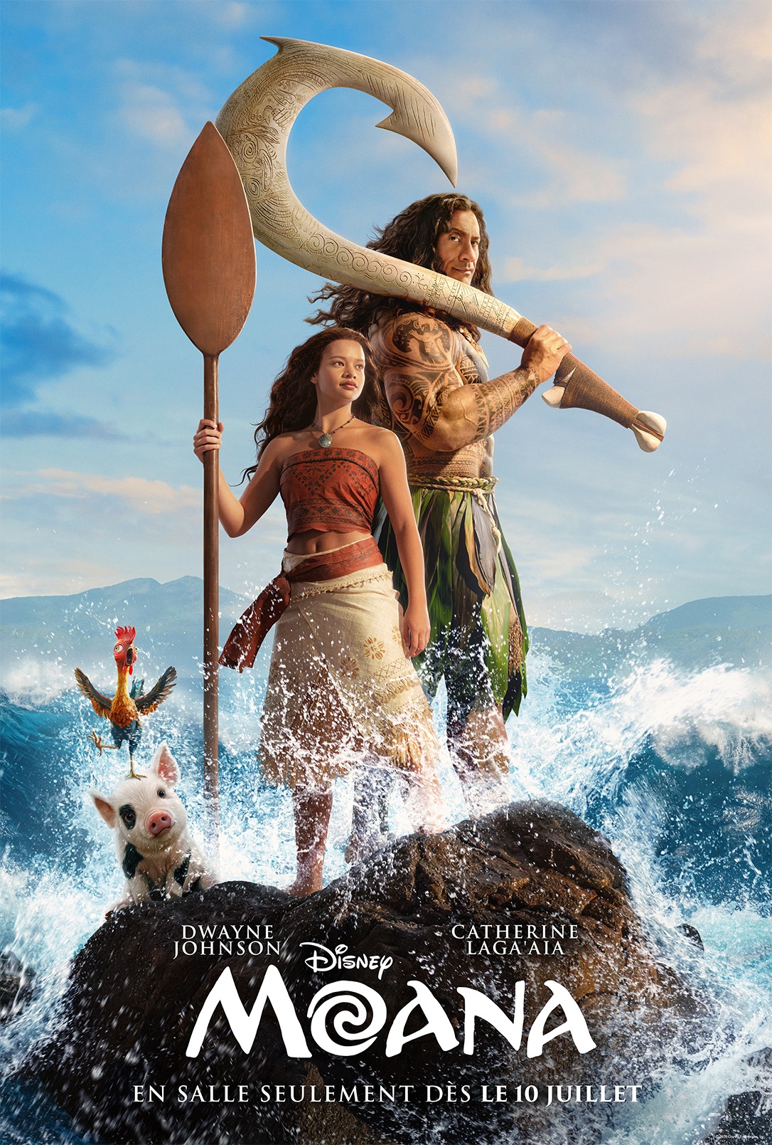 Moana and Maui stand on rocks in the ocean with Maui’s hooked weapon, a poster for Disney's Moana.
