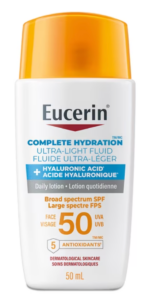 Eucerin Complete Hydration Ultra-Light Fluid SPF 50 sunscreen bottle with orange cap (50 mL).
