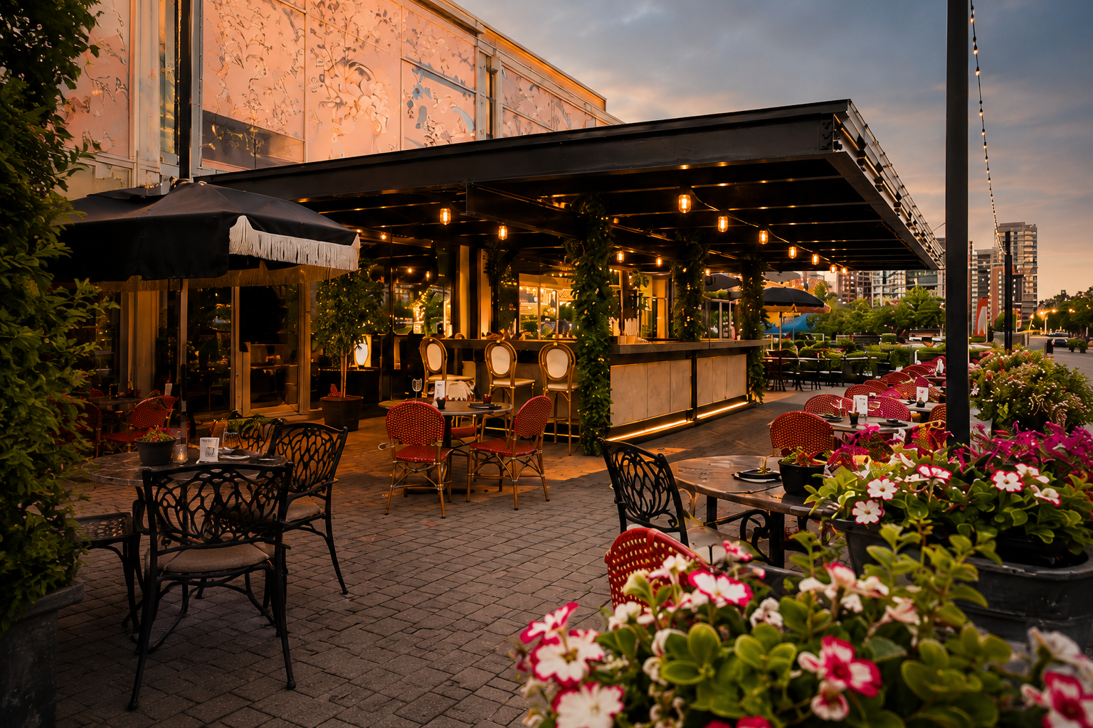 La nouvelle terrasse estivale au décor de brasserie française du restaurant Madame Bovary situé au Centropolis de Laval.