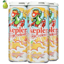 Four-pack of Kepler Tonic Celeste cans with bright tropical artwork, shown in a case.