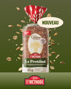 New loaf of St Méthode grain bread in clear bag with red top and 'NOUVEAU' bubble on olive background, promoting protein loaf.
