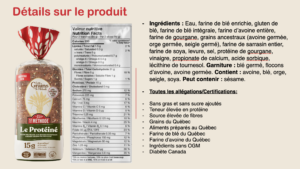 Bouteille de pain protéiné Les Grains de St-Méthode à gauche et la fiche nutritionnelle détaillant les ingrédients et valeurs nutritionnelles à droite, sur fond beige. - Détails sur le produit visible en image informative.