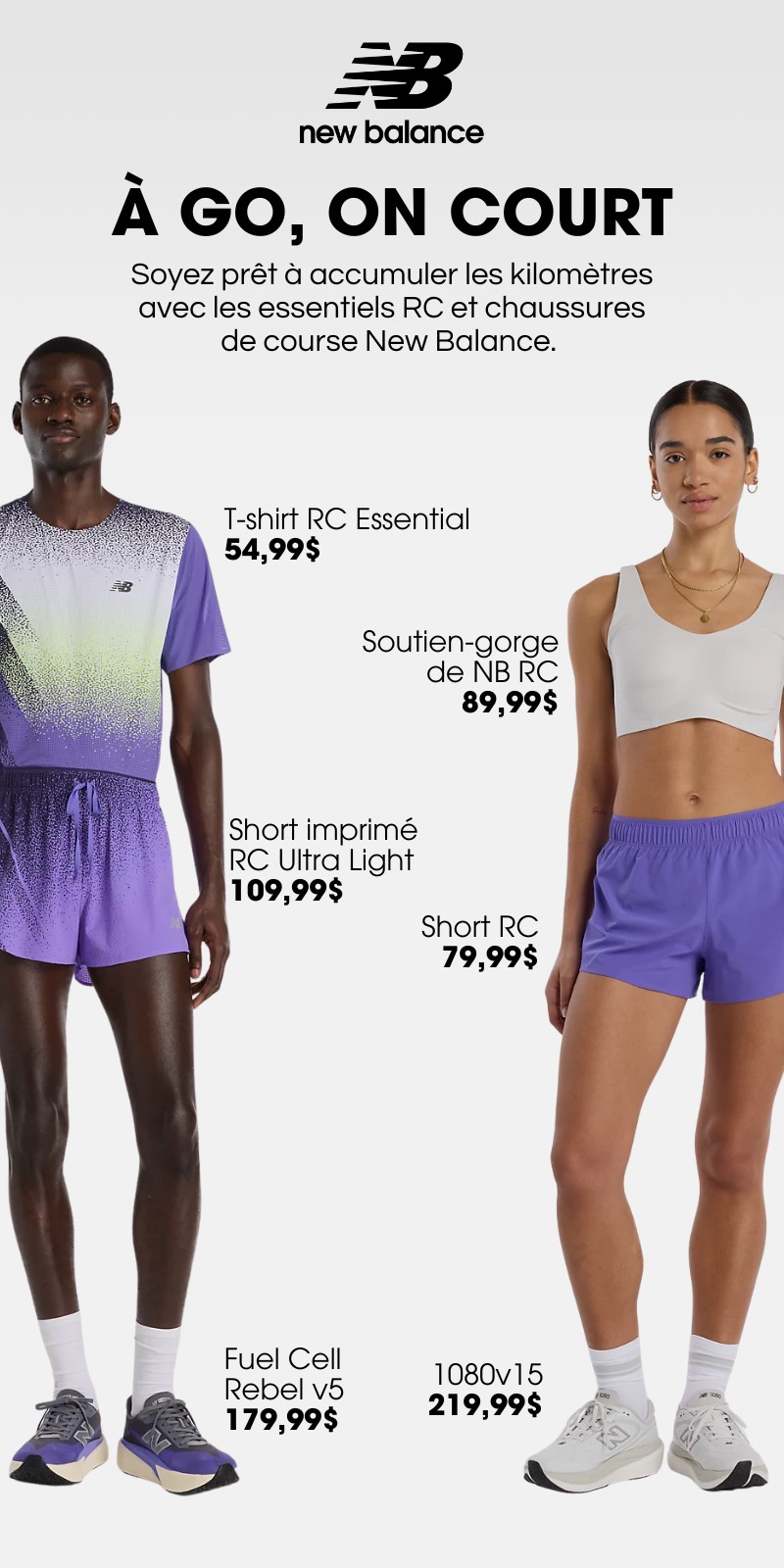 Un homme et une femme portant les vêtements légers et les espadrilles de la collection de course à pied RC de New Balance pour l'été.