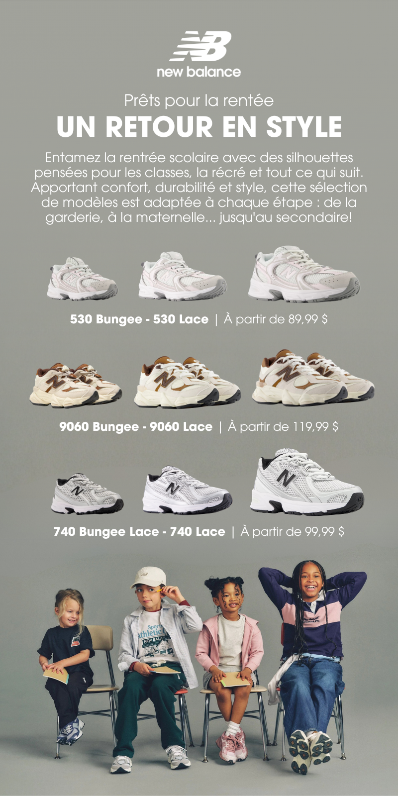 Sélection de modèles d'espadrilles New Balance pour enfants et ados assis sur des chaises pour la rentrée scolair