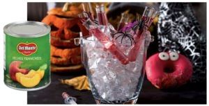 Petits tubes à essai de shooters d'Halloween à la gélatine orange et aux pêches Del Monte