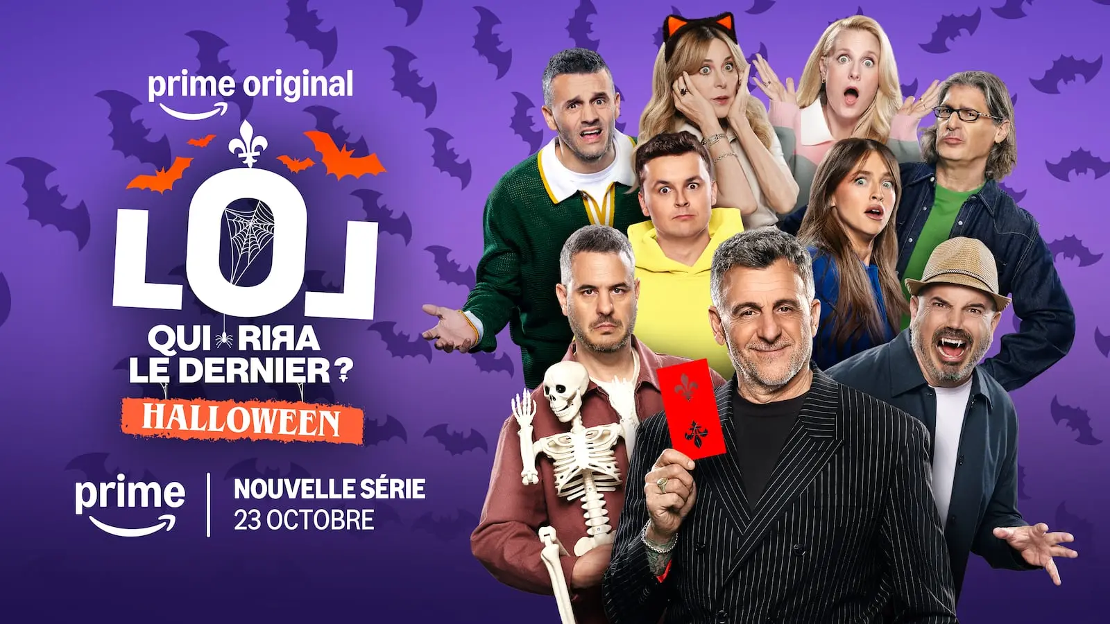 Affiche officielle de l'émission LOL : Qui rira le dernier ? Spécial Halloween sur Prime Video avec Patrick Huard et les artistes invités.