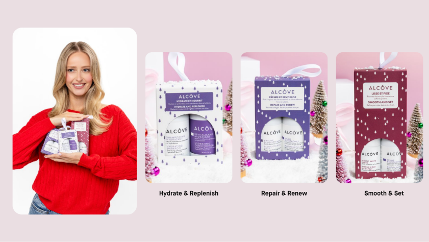 Coffrets cadeaux et ornements capillaires de la collection des Fêtes Alcôve fabriqués au Canada