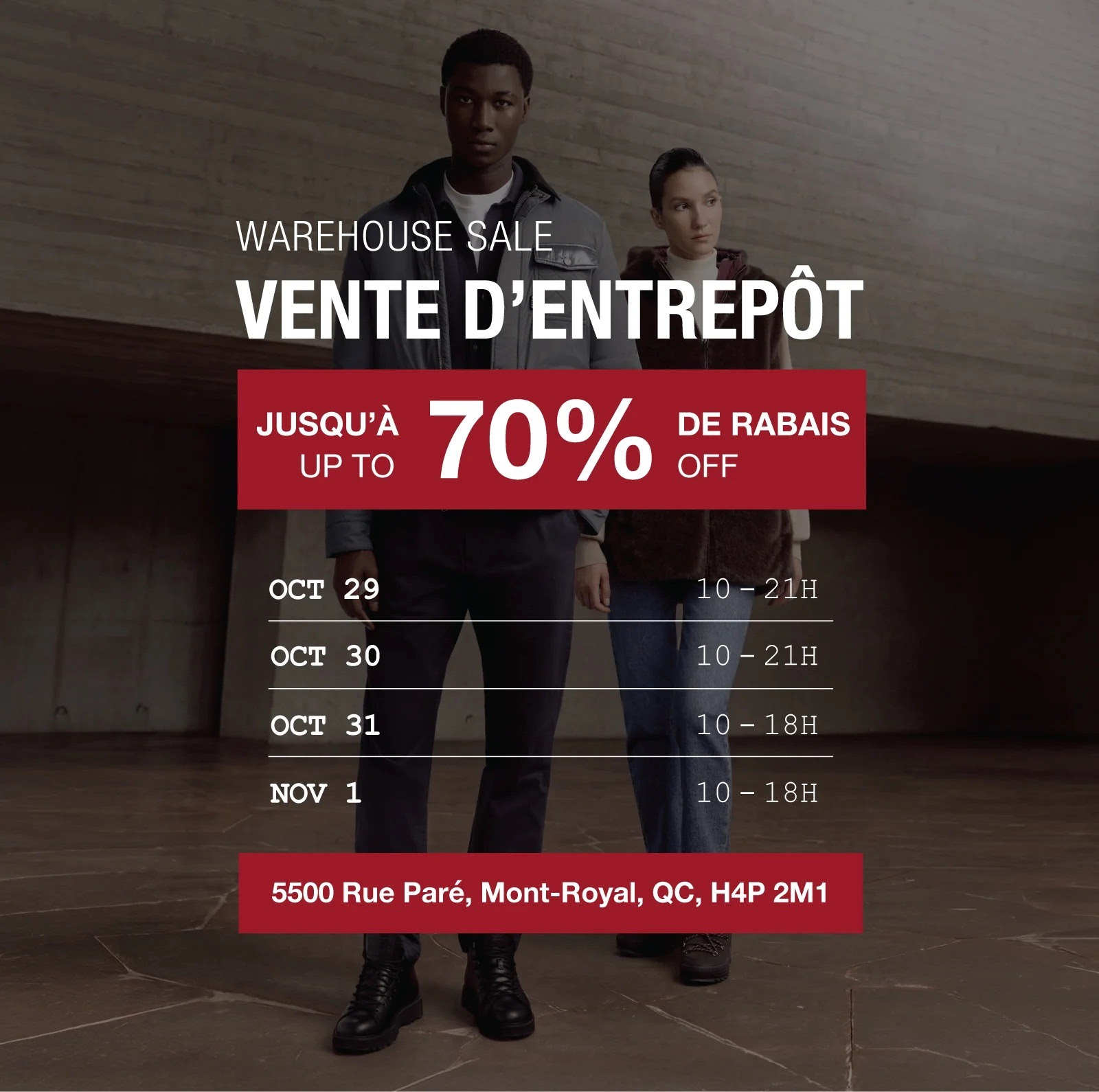 Affiche promotionnelle de la vente d'entrepôt PAJAR avec des mannequins vêtus de manteaux d'hiver