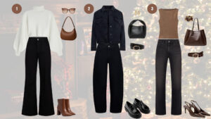Trois idées de tenues chics avec un jeans noir Yoga Jeans pour les célébrations des fêtes.